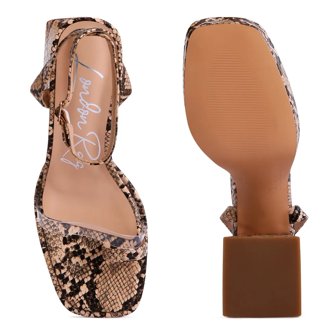 Beige Snake Pattern Block Heeled Sandals