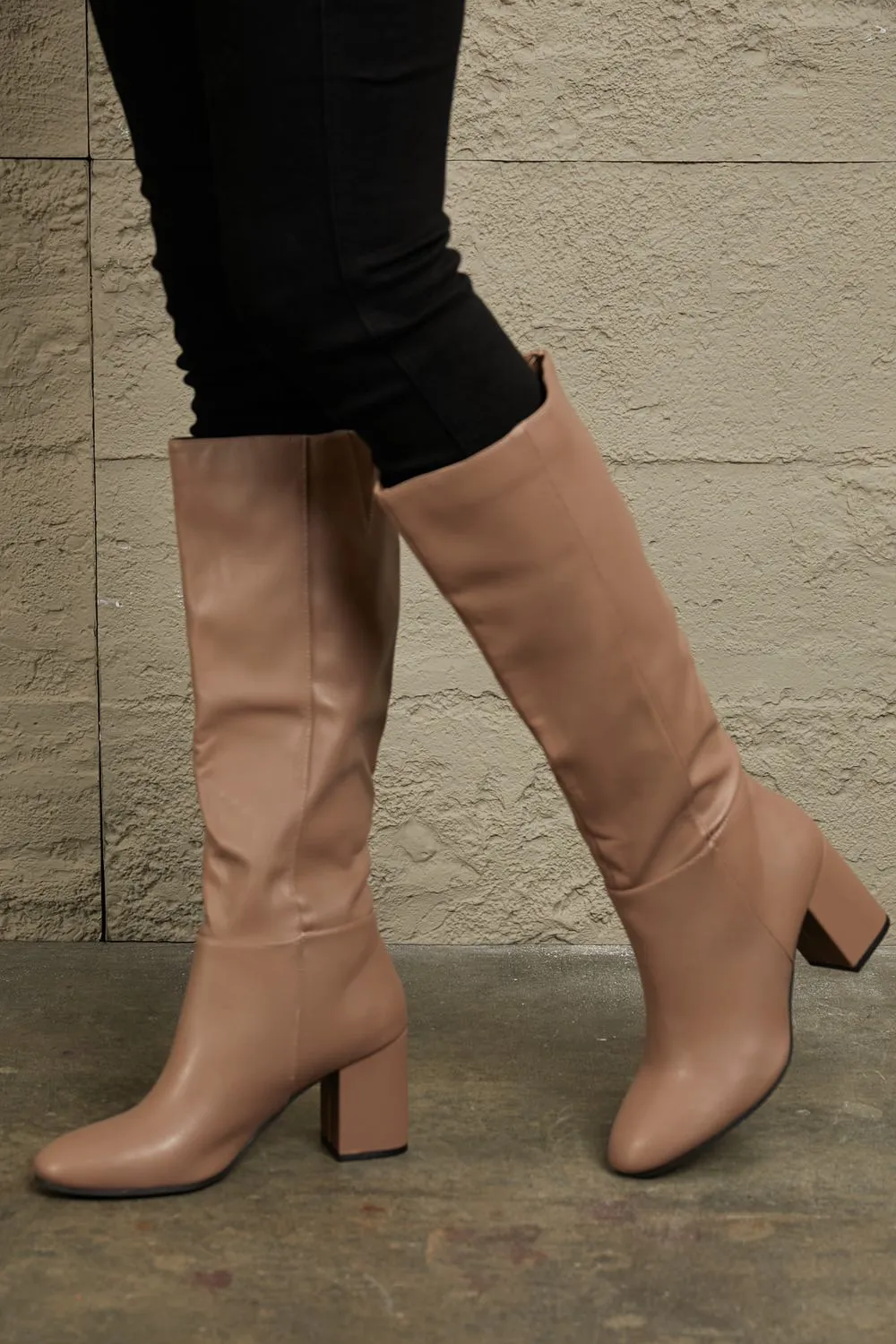 Block Heel Pull On Knee High Boots in Mocha