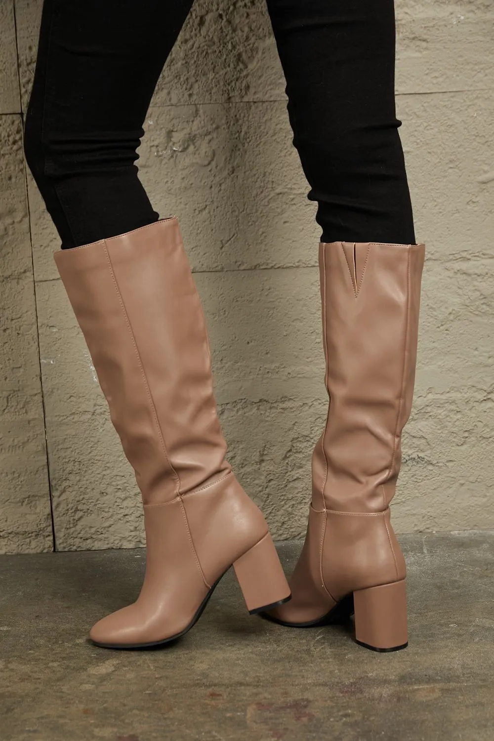 Block Heel Pull On Knee High Boots in Mocha