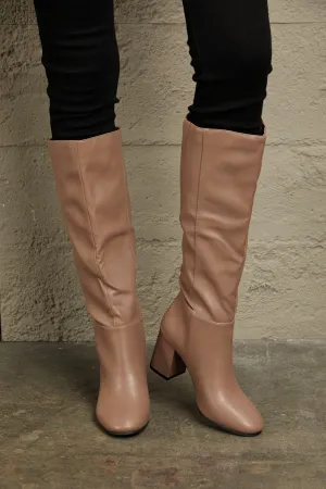 Block Heel Pull On Knee High Boots in Mocha
