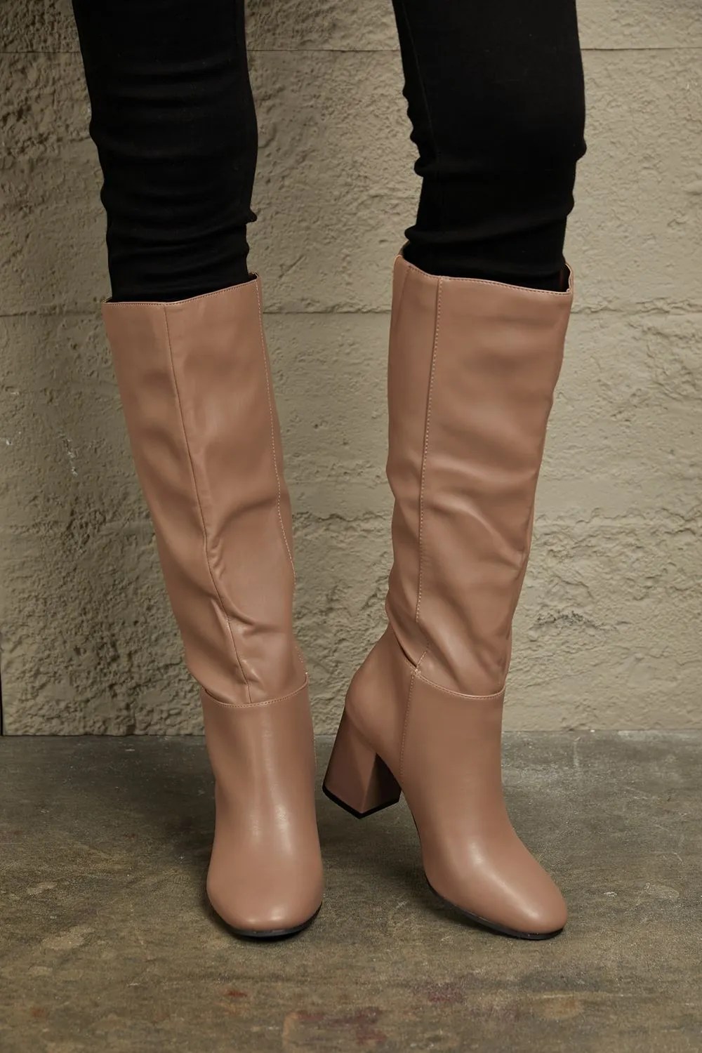 Block Heel Pull On Knee High Boots in Mocha