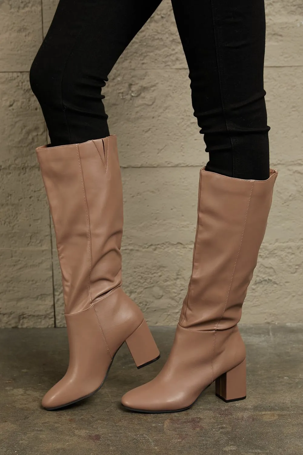 Block Heel Pull On Knee High Boots in Mocha