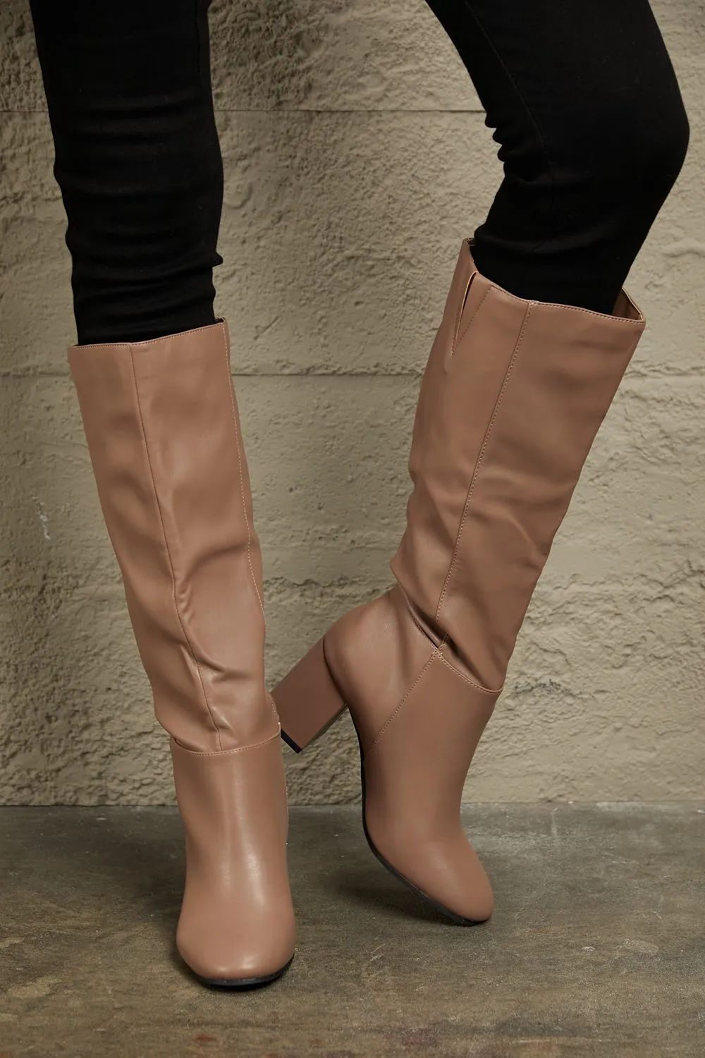 Block Heel Pull On Knee High Boots in Mocha