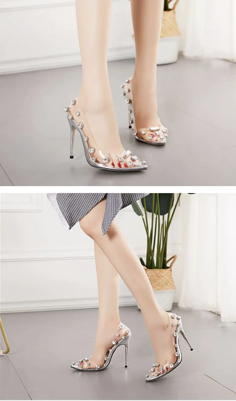Eilyken 2022 Design Rivet Crystal Pumps Wedding Women Shoes High Heels PVC Transparent Sexy Night Club Femme Shoes