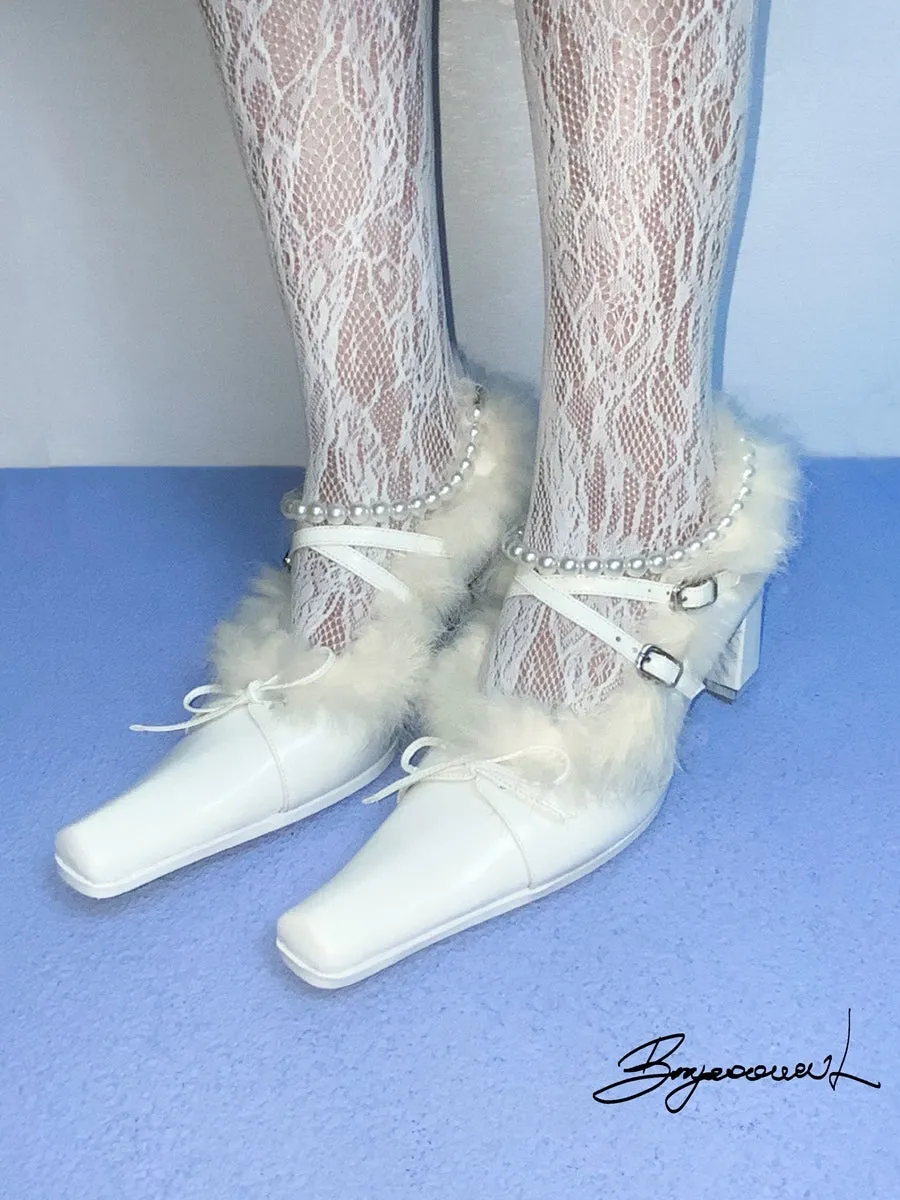 Fur Party Pearl Ribbon Chunky-heel Elegant Pumps
