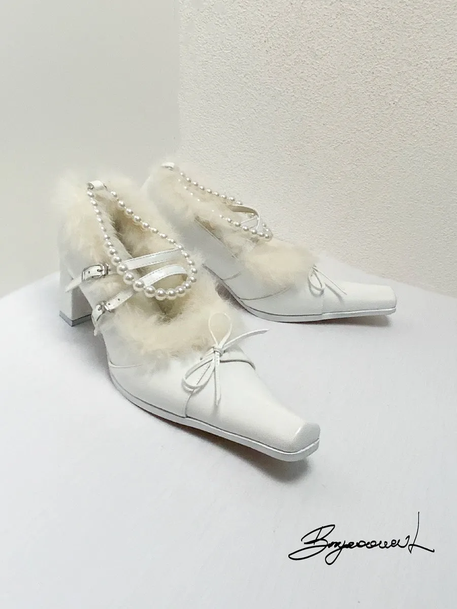 Fur Party Pearl Ribbon Chunky-heel Elegant Pumps
