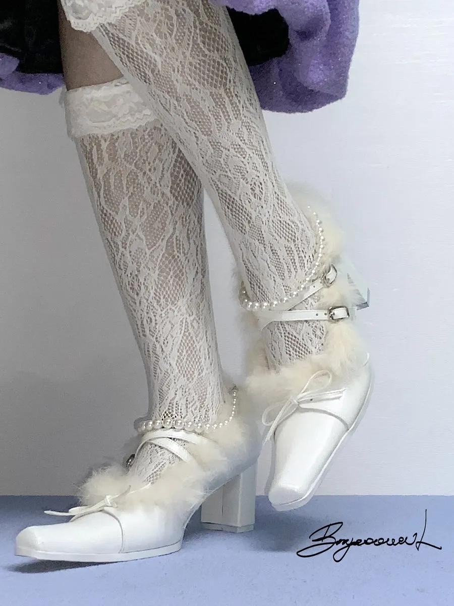 Fur Party Pearl Ribbon Chunky-heel Elegant Pumps