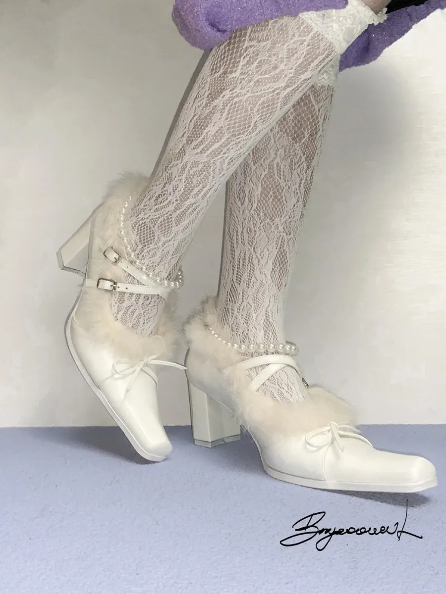Fur Party Pearl Ribbon Chunky-heel Elegant Pumps