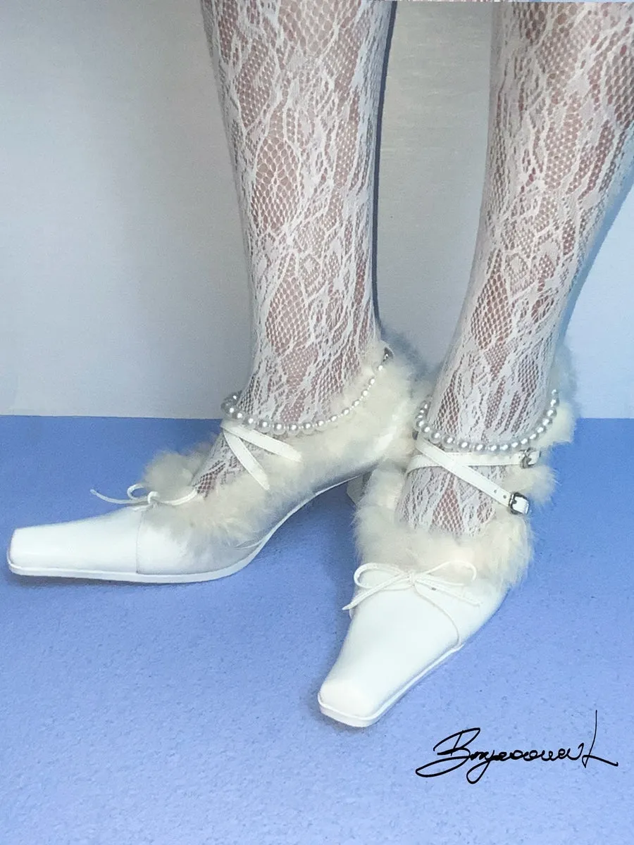 Fur Party Pearl Ribbon Chunky-heel Elegant Pumps