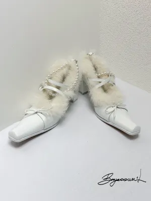 Fur Party Pearl Ribbon Chunky-heel Elegant Pumps