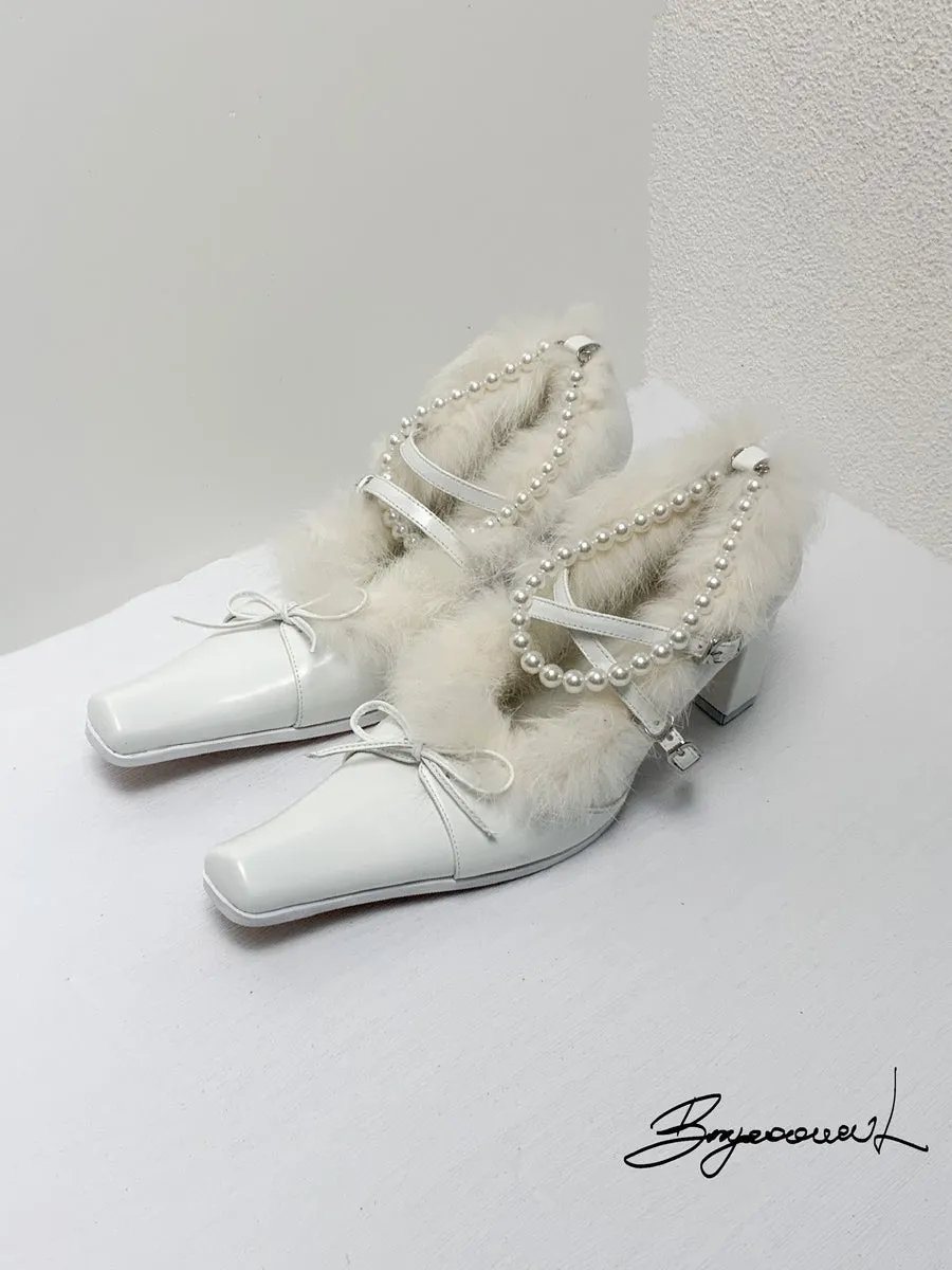 Fur Party Pearl Ribbon Chunky-heel Elegant Pumps