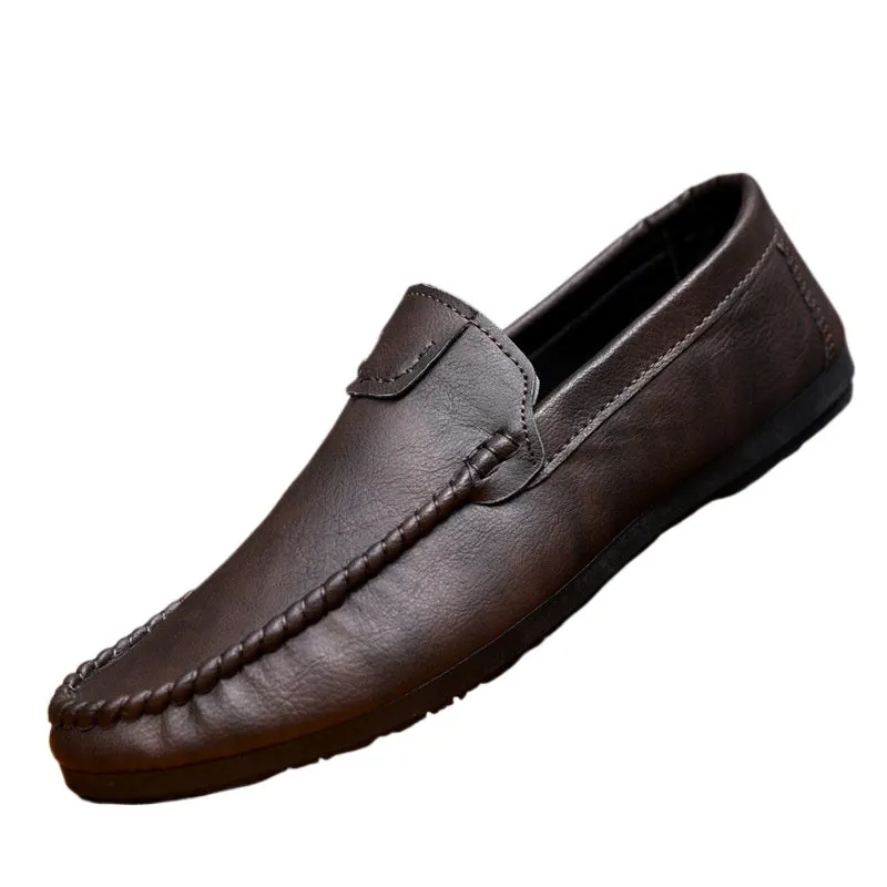 Handmade men's flat bottom low top casual comfortable round head loafers platform soles men's shoes leather shoes soft sole one pedal