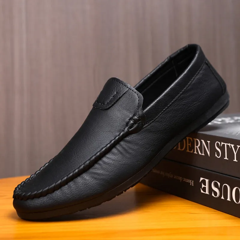 Handmade men's flat bottom low top casual comfortable round head loafers platform soles men's shoes leather shoes soft sole one pedal