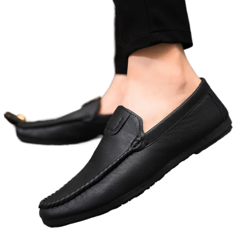 Handmade men's flat bottom low top casual comfortable round head loafers platform soles men's shoes leather shoes soft sole one pedal