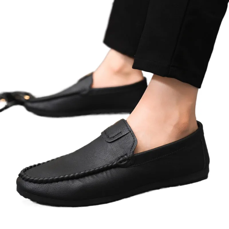 Handmade men's flat bottom low top casual comfortable round head loafers platform soles men's shoes leather shoes soft sole one pedal