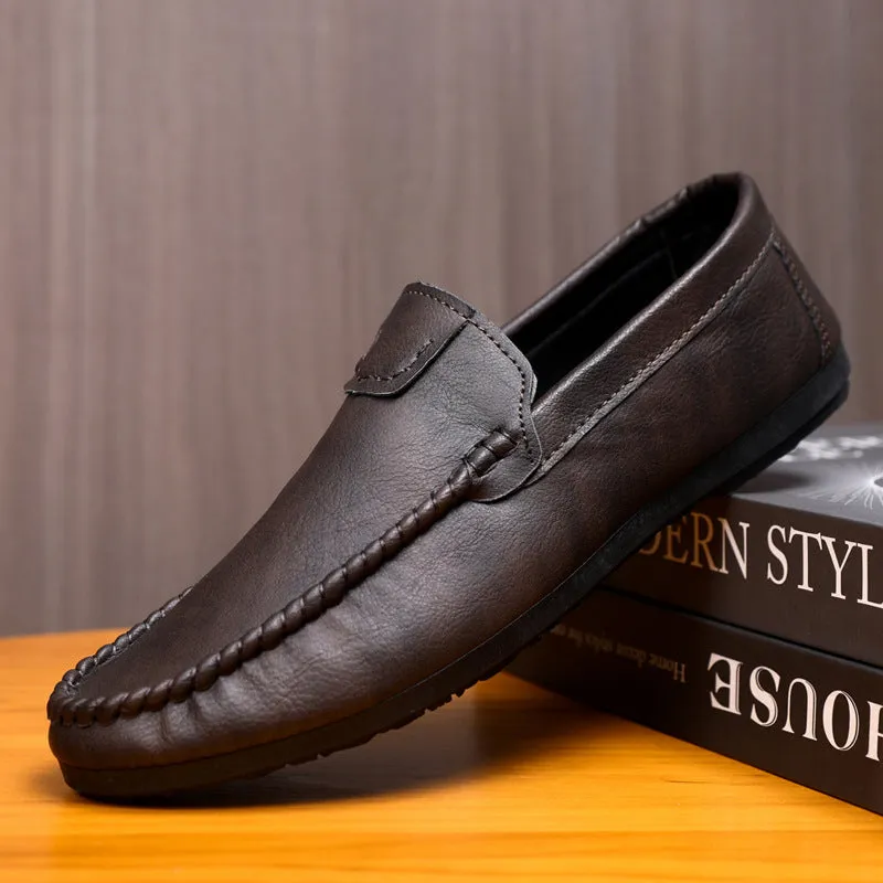 Handmade men's flat bottom low top casual comfortable round head loafers platform soles men's shoes leather shoes soft sole one pedal