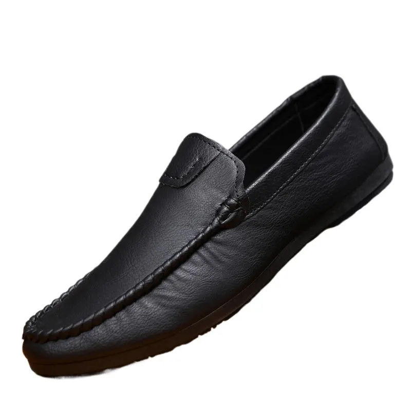 Handmade men's flat bottom low top casual comfortable round head loafers platform soles men's shoes leather shoes soft sole one pedal