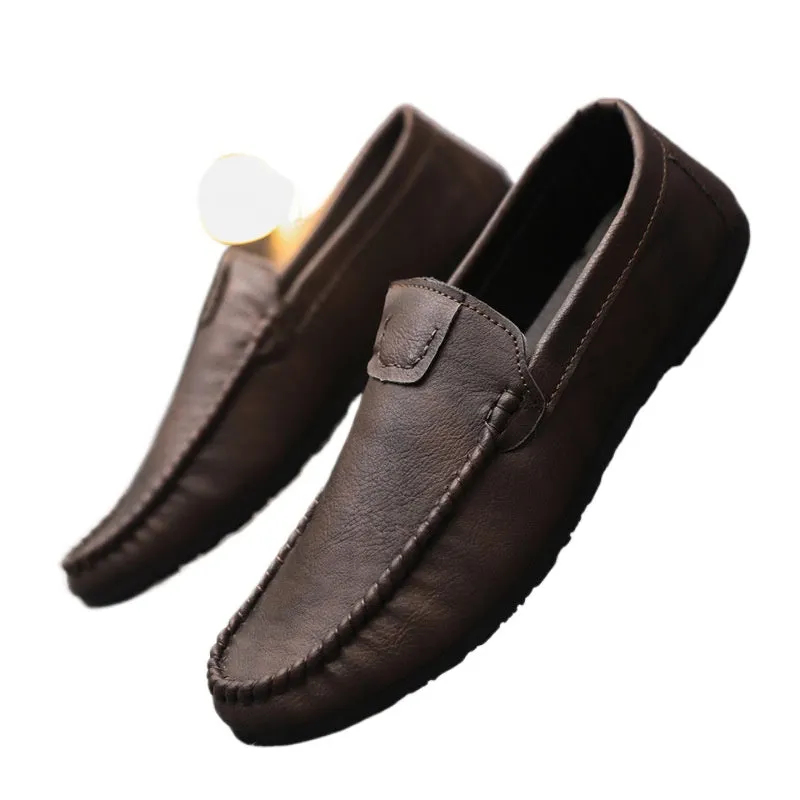 Handmade men's flat bottom low top casual comfortable round head loafers platform soles men's shoes leather shoes soft sole one pedal