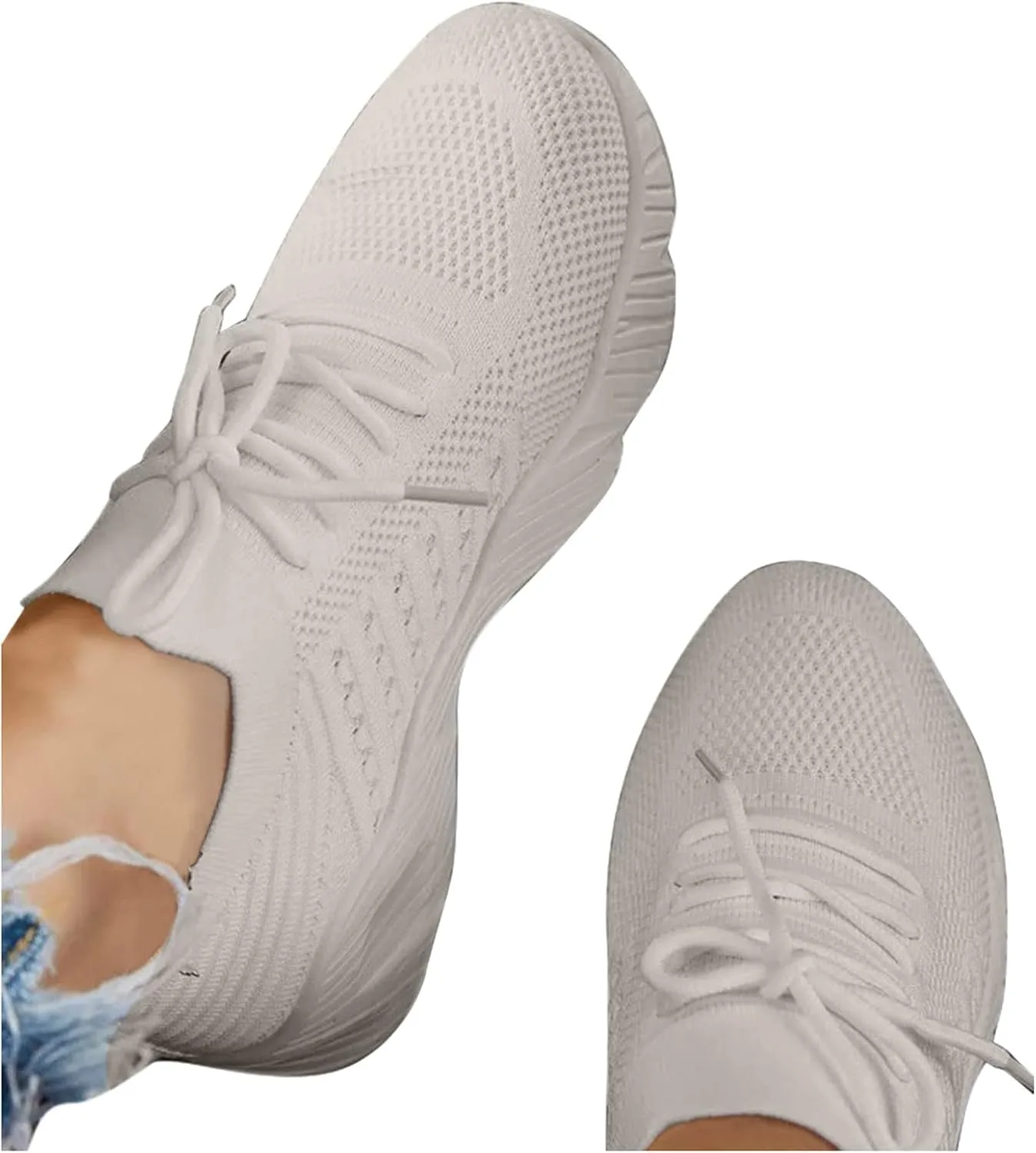 Non Slip Shoes for Women Breathable Mesh Knit Lace Up Athletic Shoes Casual Fashion Solid Color Walking Tennis Sneakers