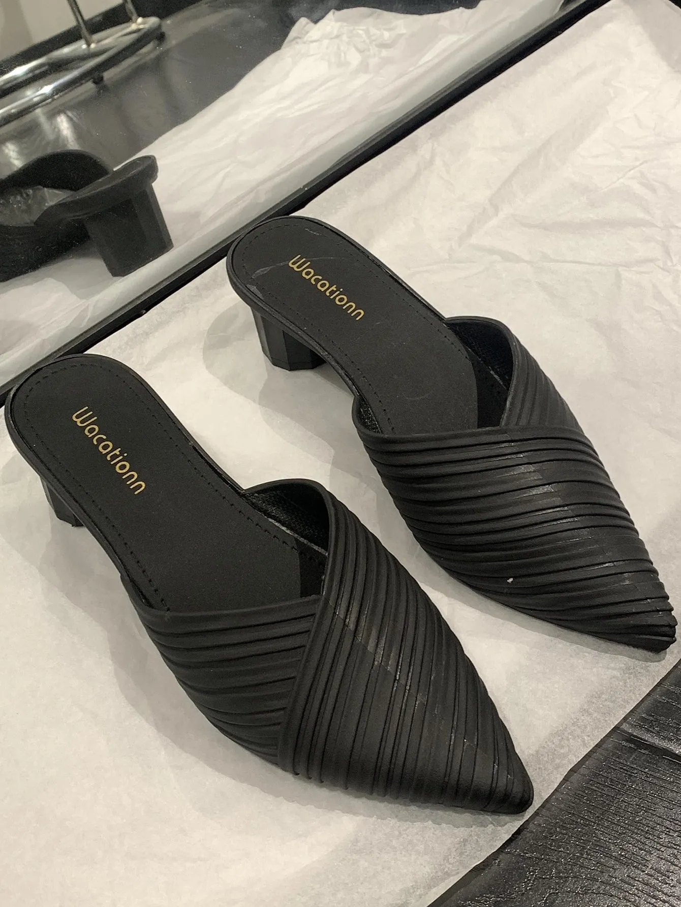 Ruched Detail Point Toe Sculptural Heeled Mule Pumps