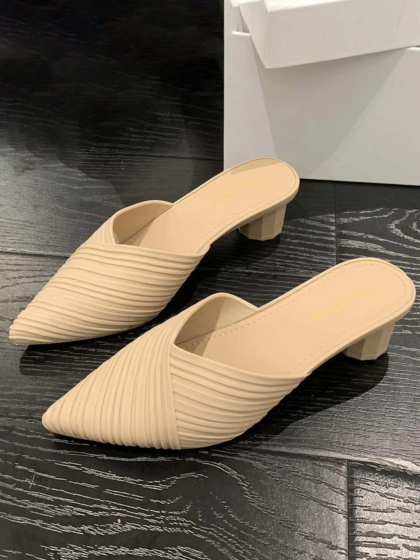 Ruched Detail Point Toe Sculptural Heeled Mule Pumps