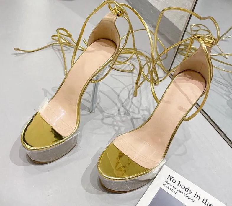 Ultra High Crystal Platform Sandals Peep toe Ankle-Wrap Buckle Strap