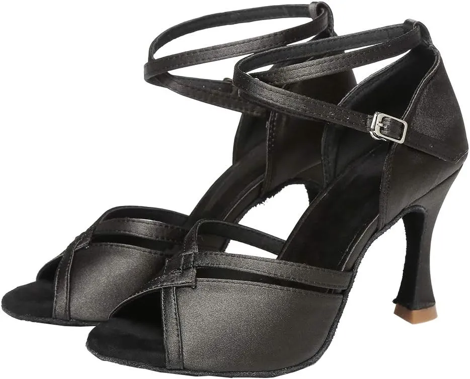 YKXLM Latin Ballroom Dance Shoes for Women Practice Dance Heels Performance Party Dance Shoes Peep-Toe, Black-8.5 Heel-6 US